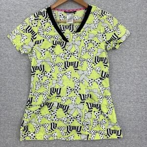Heart Soul Scrub Top Womens Extra Small Green Bows Short Sleeve Nurse Uniforms